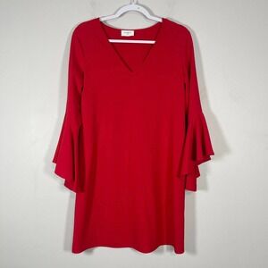Everly Shift Dress Womens Medium Red V Neck Bell Sleeve Holiday Party Valentines